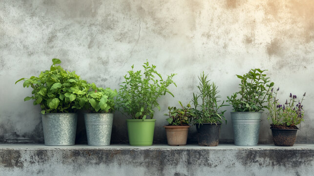 fresh herbs in a pot on concreat wall