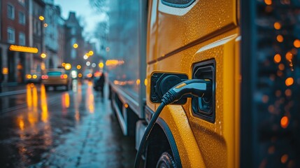Obraz premium Electric delivery truck charging at a station during a rainy city evening
