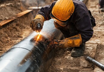 A close-up of a pipefitter working on a pipeline, with welding equipment and safety gear visible, Pipeline construction scene