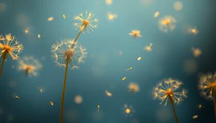 Obraz premium Digital composition featuring golden dandelion seeds floating in a misty blue gradient, evoking a sense of calm and elegance 2