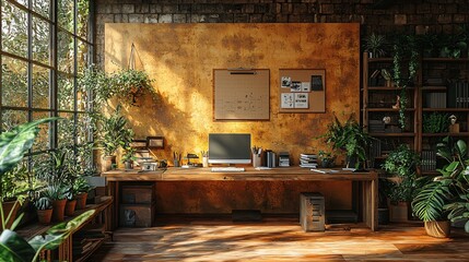 Cozy Home Office with Abundant Greenery and Warm Lighting in a Rustic Setting