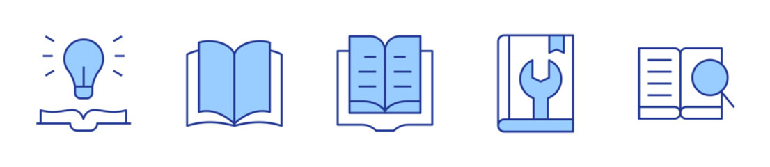 reading book, setup, search, idea, open book. Book Icon vector illustration. Line Duotone style. Editable stroke