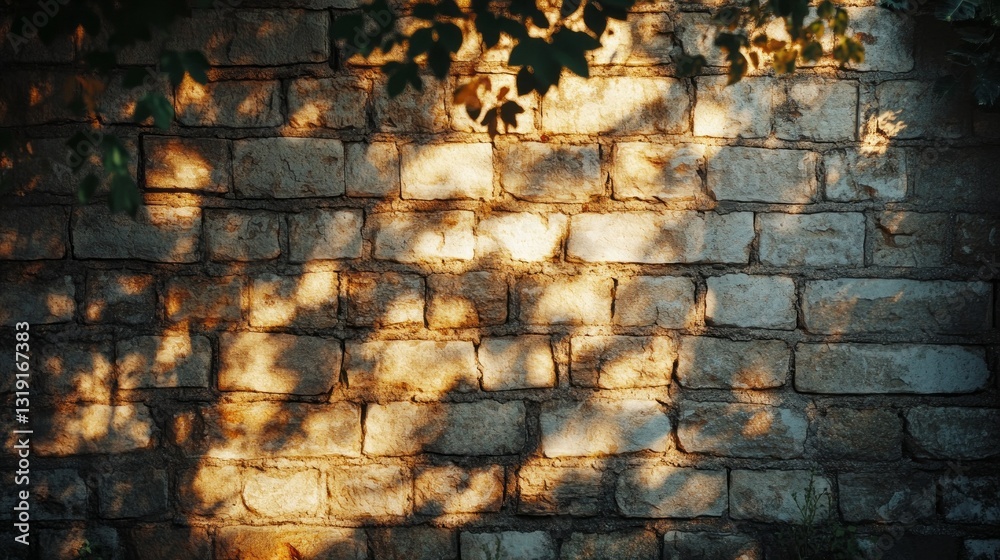 Poster golden rays filter through vibrant leaves, creating a tapestry of shadows on an aged stone wall. thi