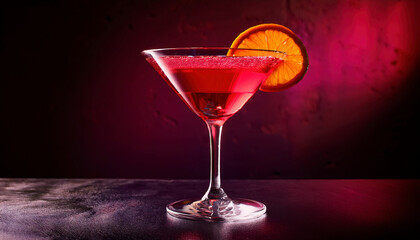 A vibrant red cocktail in a martini glass is garnished with a slice of orange and set against a dramatic red background.