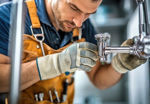 A close-up photograph of a professional plumber working on kitchen sink plumbing pipes. The plumber, wearing a tool belt and protective gloves, is intently focused on tightening a pipe fitting under - Powered by Adobe
