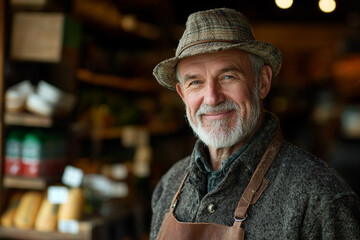 Smiling senior farmer in rustic shop wearing leather apron man hat work grey happy owner beard style