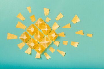 Pictures of rocks and citrus fruits. Refreshing image. Copy space. Product space.