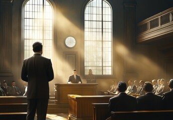 A confident lawyer in a power suit stands before a judge and jury in a packed courtroom, delivering a passionate closing argument, sunlight streaming through the tall arched windows.