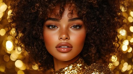 This close-up portrait captures a woman's stunning features surrounded by golden sparkles, highlighting beauty and elegance with an artistic flair that mesmerizes.