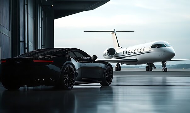 luxury black car at the empty airport next to a private white private luxury jet at the hangar close up