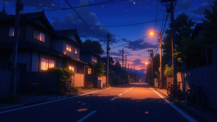 anime wallpaper illustration, Tranquil Suburban Street at Dusk with Warm House Lights and Street Lamps..