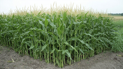 Sweet corn plants standing tall in the field, their golden tassels swaying in the summer breeze