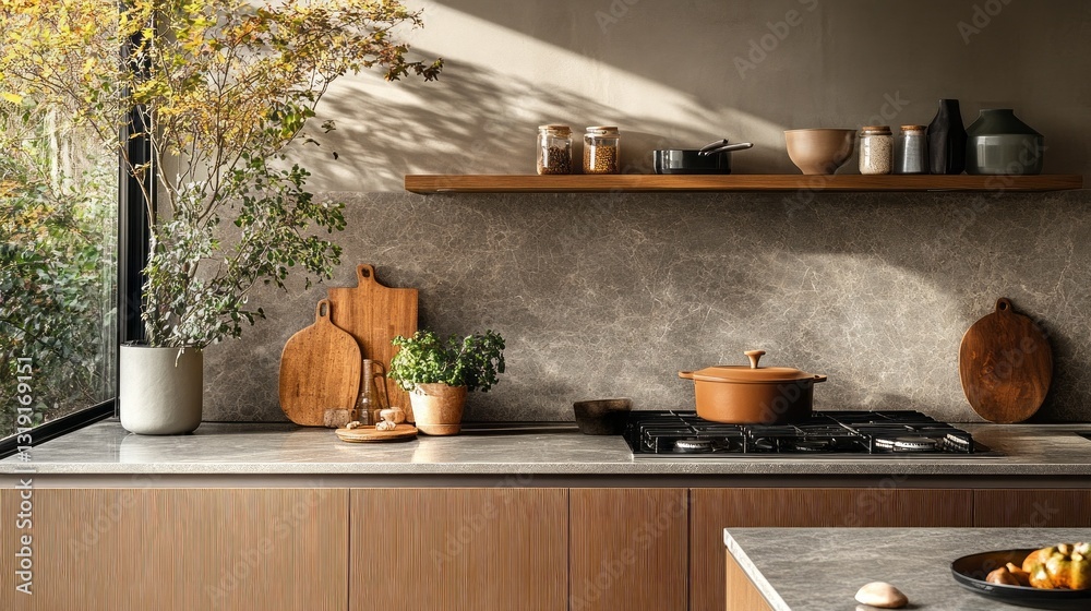 Poster sunlight streams through large windows, illuminating a stylish kitchen filled with natural materials