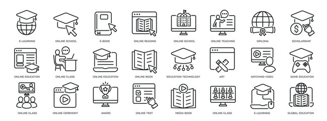 Set of collection line icons related e-learning, online school, education. Editable stroke. Perfect pixel on transparent background