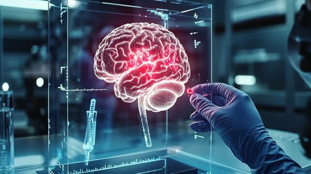 Futuristic brain interface interaction with glowing neural network in hightech lab, hologram in laboratories, research