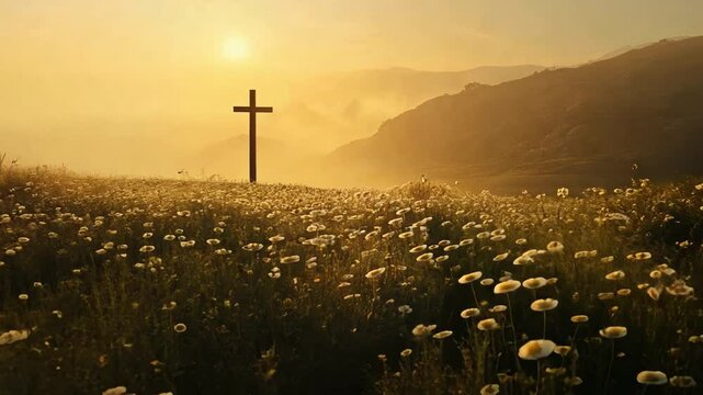 Serene landscape with cross in field of flowers at sunset, symbolizing peace and spirituality, as golden sunlight enhances beauty of nature and tranquility on horizon.