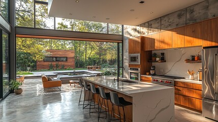 Fototapeta premium Modern Kitchen with Open Concept Design, Natural Light, and Outdoor View in Contemporary Home Setting