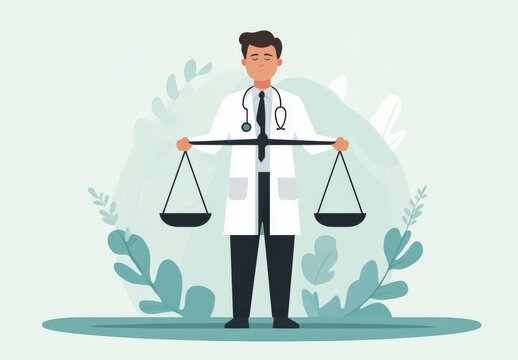 A doctor stands holding traditional scales, representing the balance between ethical decisions, patient care, and legal considerations in healthcare.
