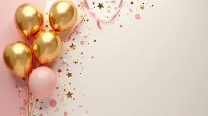 Pink and Gold Balloons with Confetti and Ribbons for a Festive Celebration