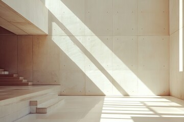 Obraz premium Sunlit Minimalist Concrete Architecture Interior with Steps and Light Beams