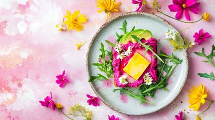 Healthy vegan sandwich with bright pink beetroot hummus, green arugula, yellow vegan cheese, and creamy avocado, placed on a clean plate