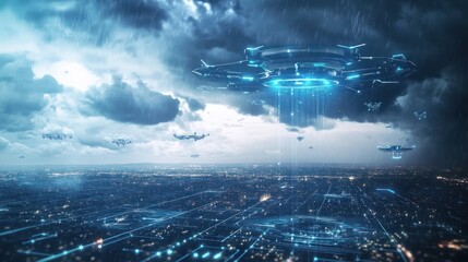 Obraz premium Futuristic aerial warfare in a stormy city. Advanced drone technology clashes with a hovering UFO amidst urban landscape, illuminated by digital network connections