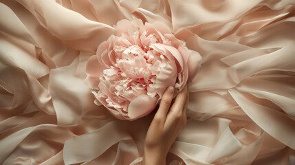 Womans hand offering a beautifully crafted peony bouquet, wrapped in soft paper, tied with ribbon, warm tones, perfect delivery theme