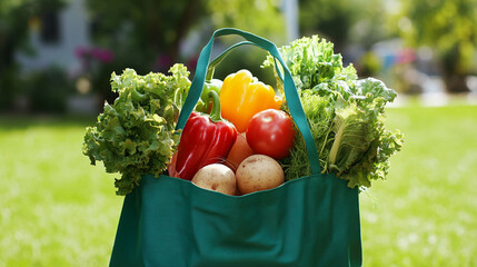 Fresh organic vegetables in green reusable shopping bag outdoors diet food kale farm salad vegan
