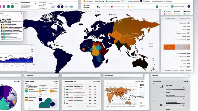 Colorful World Map Data Visualization Exploring Global Trends and Geographic Regions Through Statistics, Infographics, and Analytics for Enhanced Information Design.
