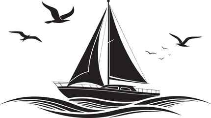 Minimalist Sailboat on Waves with Flying Birds - Black and White Vector Illustration