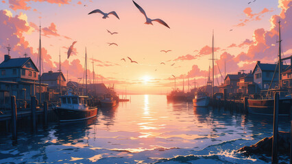 Fototapeta premium anime wallpaper illustration background, Scenic Fishing Village at Sunset with Boats and Seagulls Over Calm Waters.