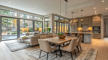 Fototapeta premium Modern open concept dining and living area with large windows and stylish decor in contemporary home