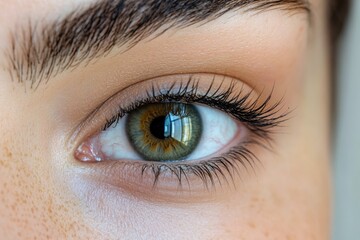 Obraz premium Close-up of an eye with freckles on the skin, emphasizing the iris and retina. Detail in focus.