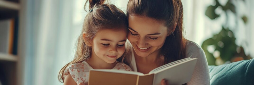 A warm moment of a mother reading to her child indoors, capturing the essence of family bonding and shared experiences.