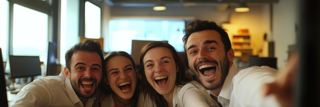 A group of colleagues are smiling and laughing together, creating a fun and positive atmosphere at an office party. The image conveys camaraderie and a supportive work environment.