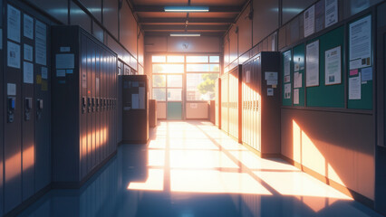 anime wallpaper illustration background, Quiet School Hallway with Sunlight Streaming Through Large Windows.