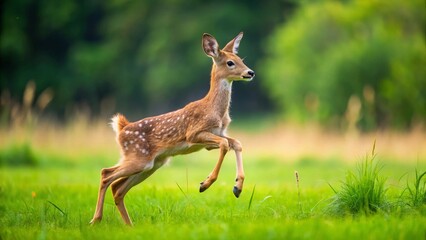 Obraz premium A Young Fawn Leaps Gracefully Across a Lush Meadow, Its Spots Gleaming in the Soft Sunlight, a Symbol of Untamed Nature's Beauty