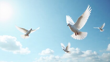 Obraz premium Flying white doves in a blue sky with clouds