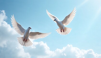 Obraz premium Two white doves soaring against a blue sky
