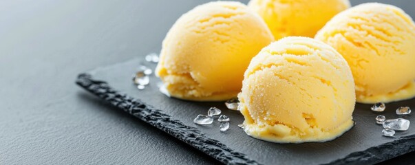 A bright and creamy scoop of yellow ice cream arranged elegantly on a slate plate, glistening with droplets.