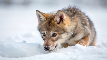 Fototapeta premium A Young Wolf Pup Investigates a Snowy Landscape in Winter