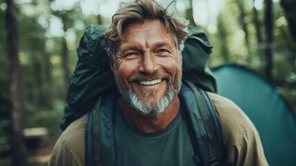 A joyful man with a backpack stands amidst a serene forest, smiling and enjoying the tranquility of nature, embodying the essence of outdoor adventures and exploration.
