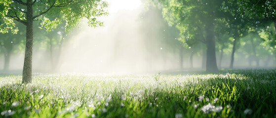 Fototapeta premium Picturesque forest meadow with sunlight filters through lush green trees, casting a golden glow over dewy grass. Summer landscape background. Generative ai