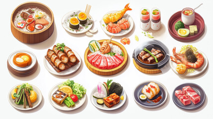 Isometric illustrations of japanese food icons on white background