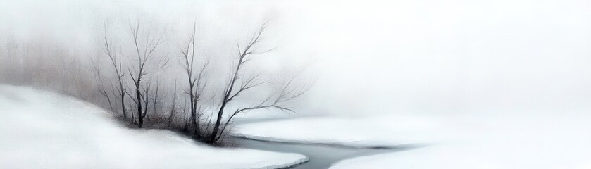 A tranquil winter landscape shows snow-laden trees surrounding a winding, frozen river under a soft, dreamlike atmosphere. Charcoal shading enhances the serene cold