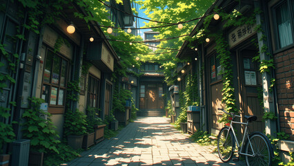 Fototapeta premium anime wallpaper illustration background, Charming Vintage Entrance with Ivy-Covered Walls and a Bicycle .