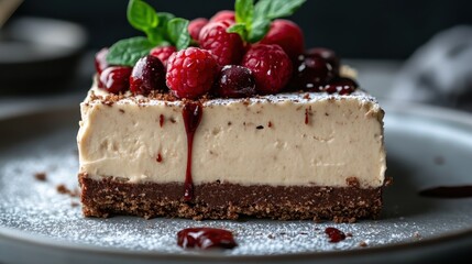 This mouthwatering dessert features rich layers of cream and chocolate, complemented by a drizzle of raspberry sauce and topped with fresh berries for added indulgence.