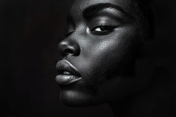 This striking charcoal portrait captures a woman in profile, emphasizing her piercing eyes and high cheekbones. The deep shadows and smudged strokes evoke strong emotion and intensity