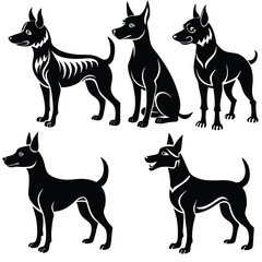 A collection of silhouettes featuring dogs, black and white cats, and black cats in various poses, including a Doberman and other animals like goats and horses, designed as simple vector illustrations