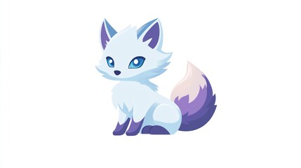 Arctic fox kit sitting, winter wonderland background, children's book illustration